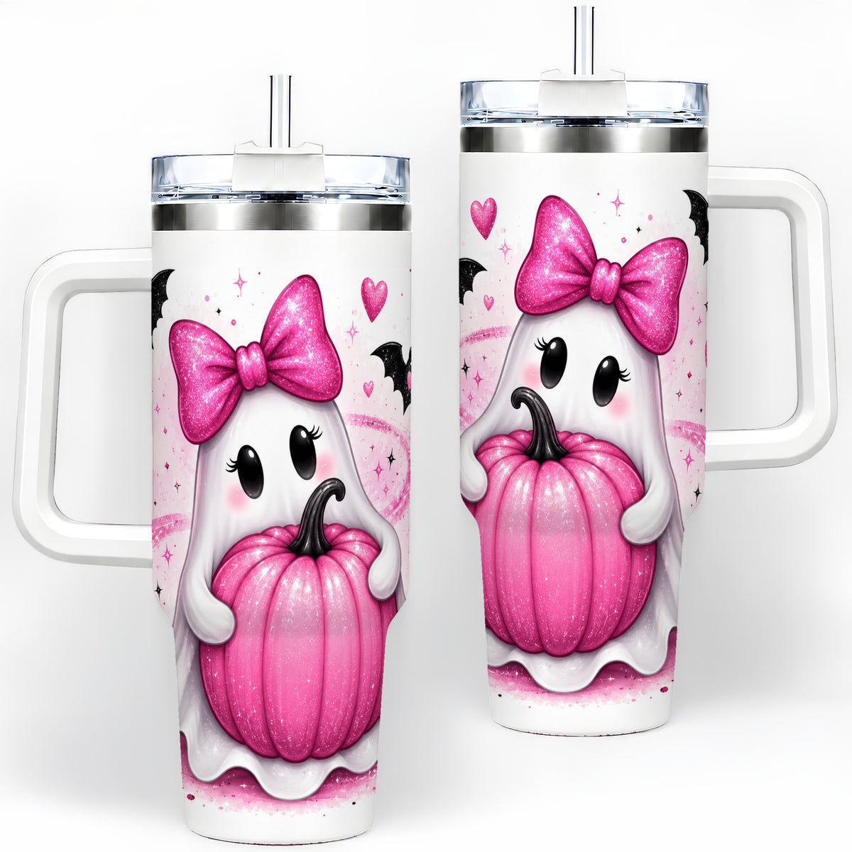 Pink Ghost Pumpkin Tumbler, 40oz Halloween Drinkware with Bats