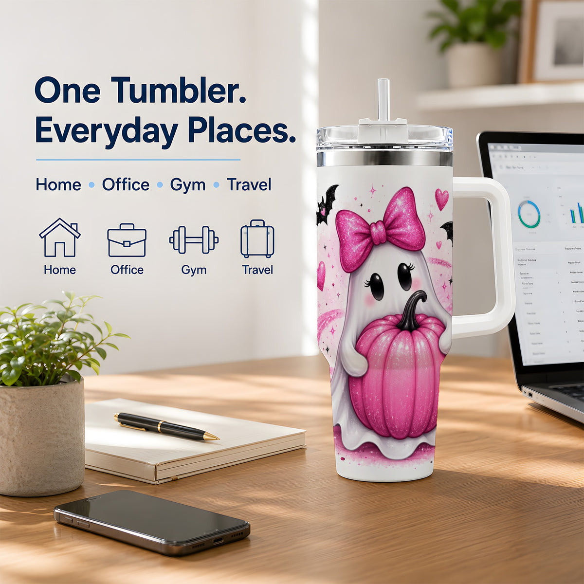 #pl[40oz|White] Pink Ghost Pumpkin Tumbler, 40oz Halloween Drinkware with Bats