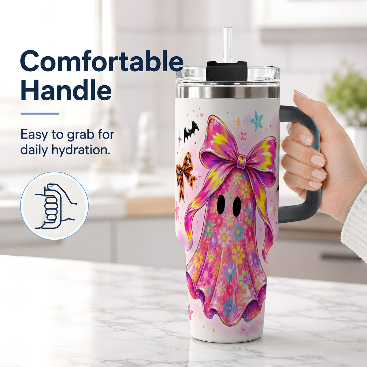 #pl[40oz|Black] Floral Ghost Bow Tumbler, 40oz Halloween Drinkware with Colorful Art