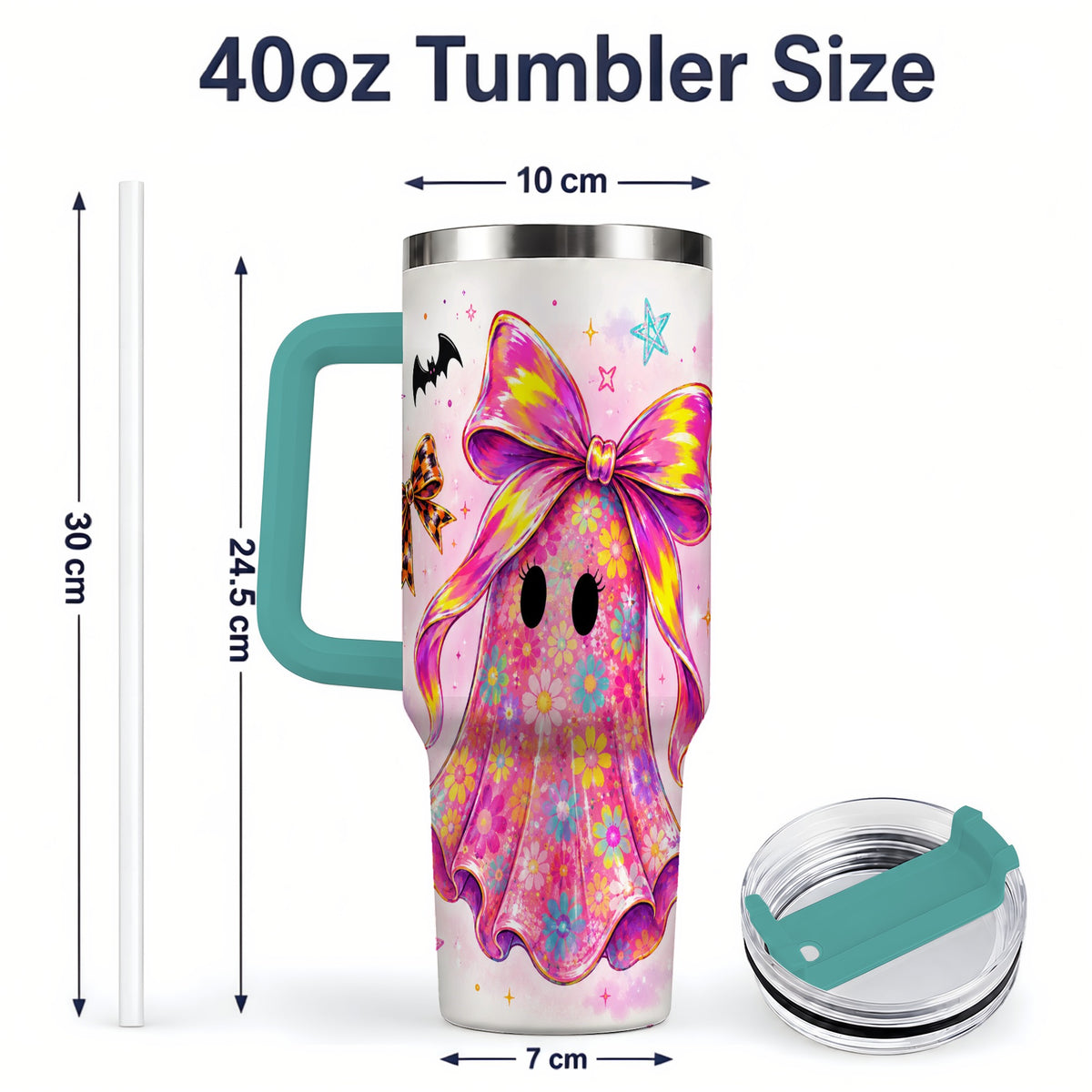 #pl[40oz|Green] Floral Ghost Bow Tumbler, 40oz Halloween Drinkware with Colorful Art