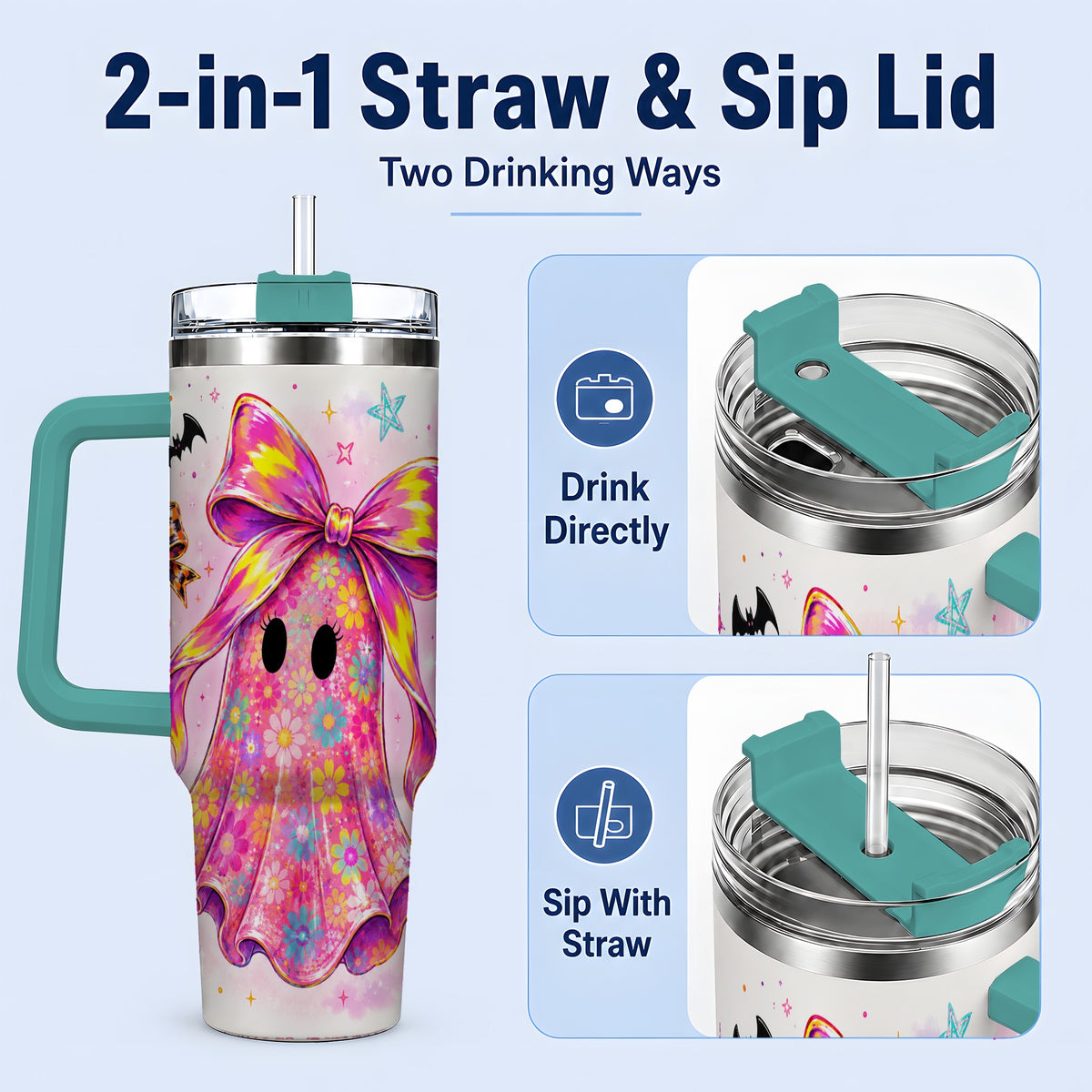 #pl[40oz|Green] Floral Ghost Bow Tumbler, 40oz Halloween Drinkware with Colorful Art
