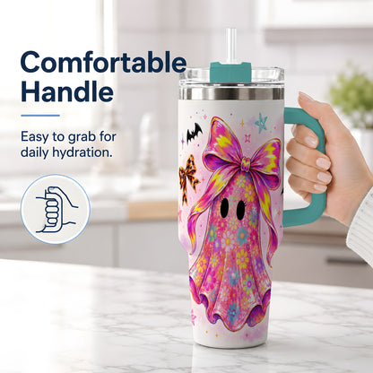 #pl[40oz|Green] Floral Ghost Bow Tumbler, 40oz Halloween Drinkware with Colorful Art