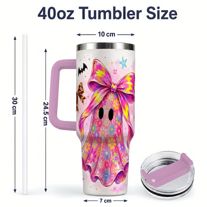 #pl[40oz|Pink] Floral Ghost Bow Tumbler, 40oz Halloween Drinkware with Colorful Art