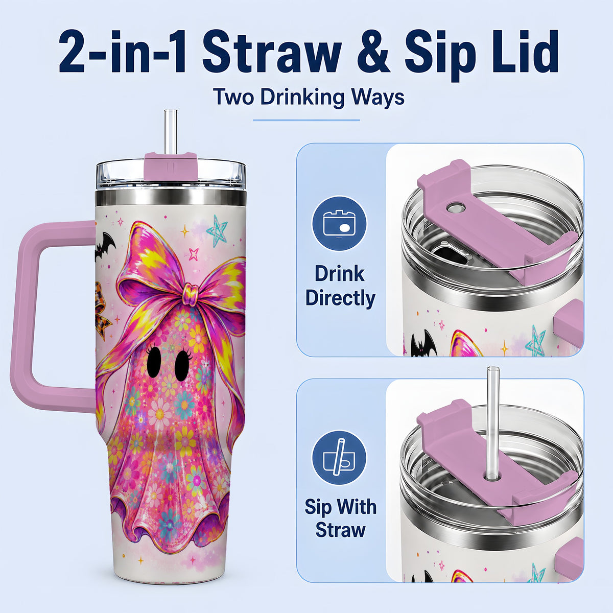 #pl[40oz|Pink] Floral Ghost Bow Tumbler, 40oz Halloween Drinkware with Colorful Art