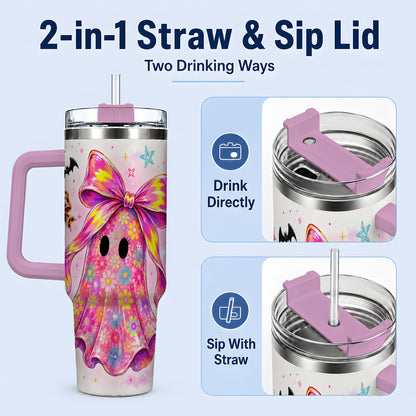 #pl[40oz|Pink] Floral Ghost Bow Tumbler, 40oz Halloween Drinkware with Colorful Art