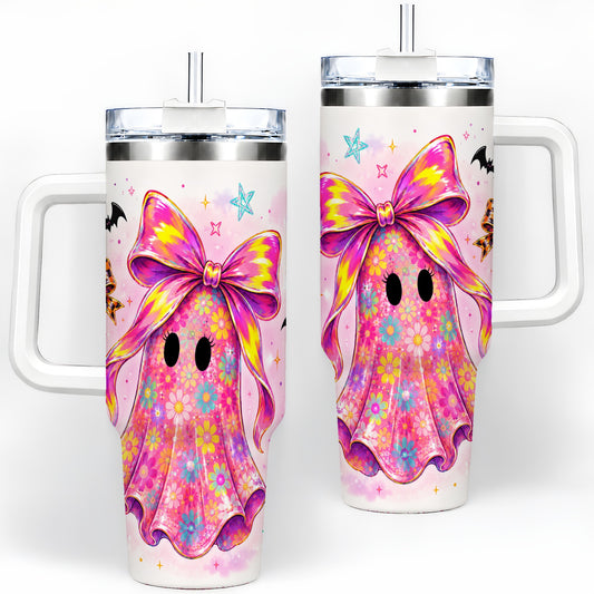 Floral Ghost Bow Tumbler, 40oz Halloween Drinkware with Colorful Art