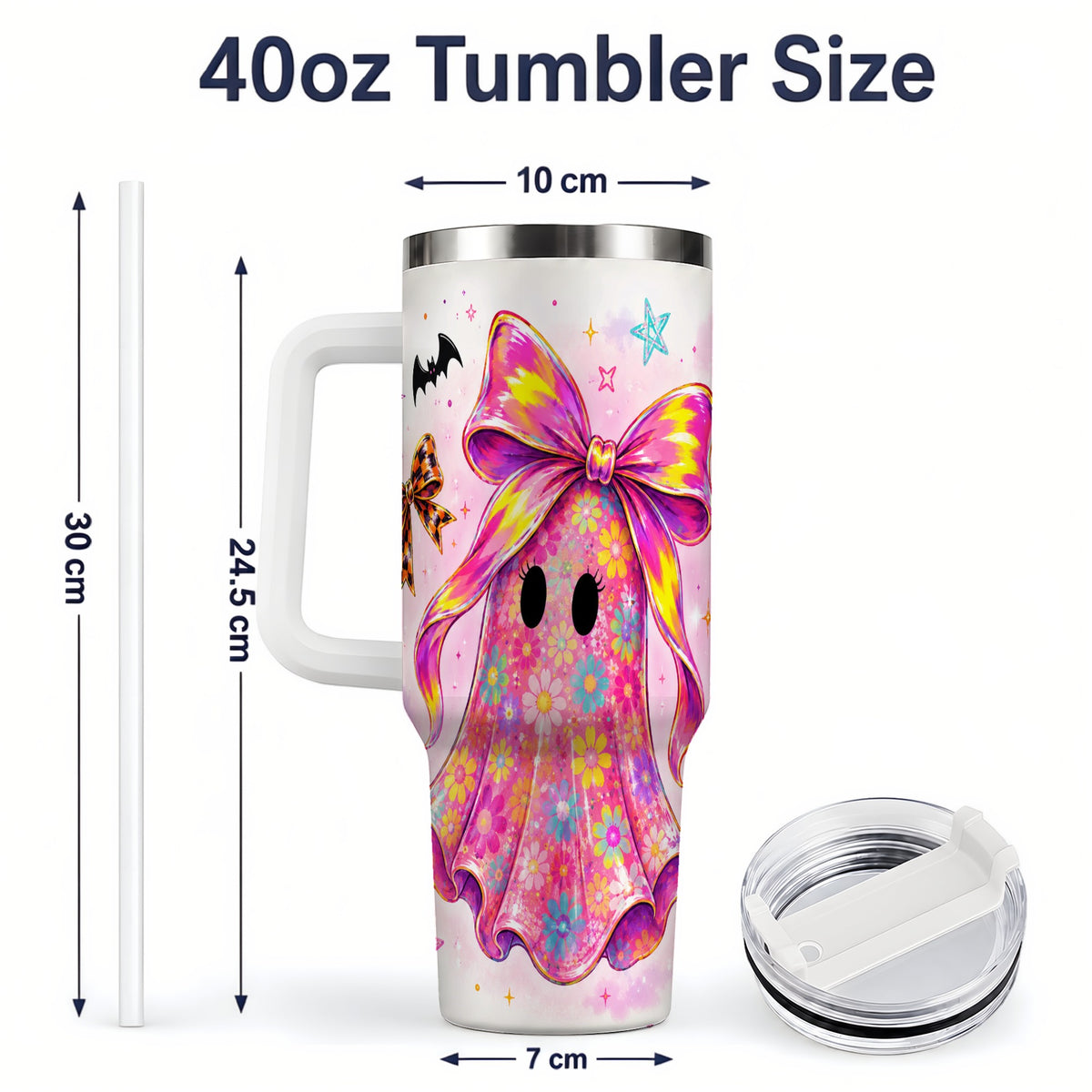 #pl[40oz|White] Floral Ghost Bow Tumbler, 40oz Halloween Drinkware with Colorful Art