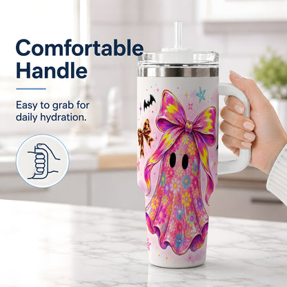 #pl[40oz|White] Floral Ghost Bow Tumbler, 40oz Halloween Drinkware with Colorful Art