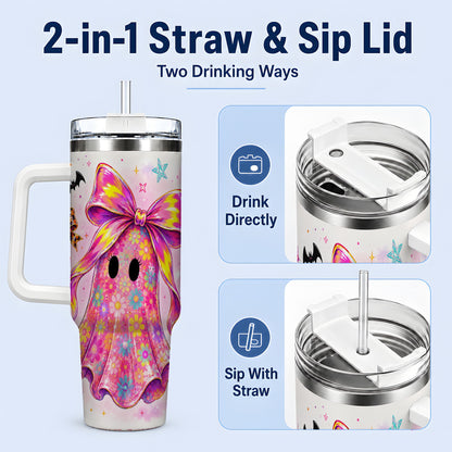 #pl[40oz|White] Floral Ghost Bow Tumbler, 40oz Halloween Drinkware with Colorful Art