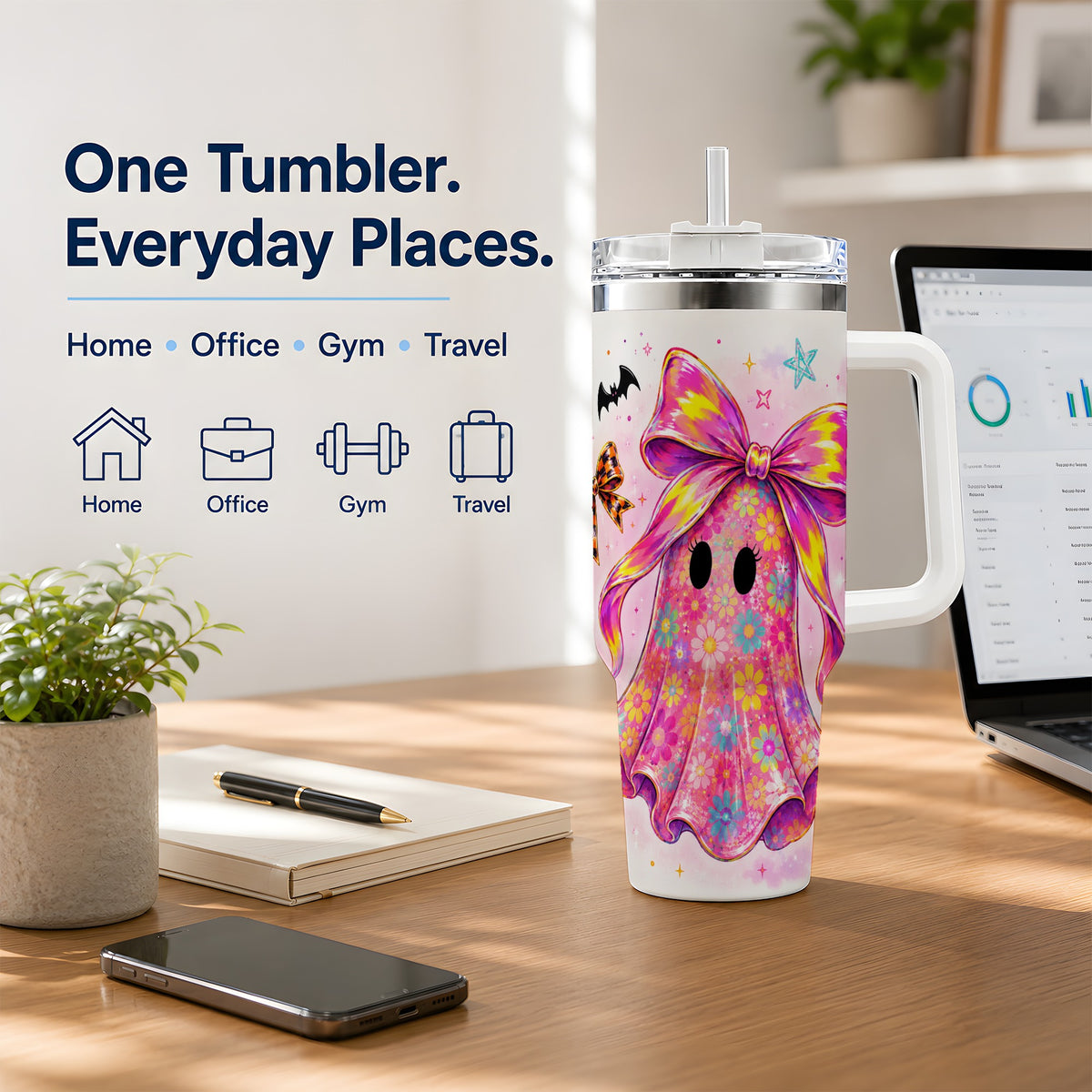 #pl[40oz|White] Floral Ghost Bow Tumbler, 40oz Halloween Drinkware with Colorful Art