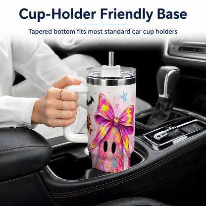 #pl[40oz|White] Floral Ghost Bow Tumbler, 40oz Halloween Drinkware with Colorful Art