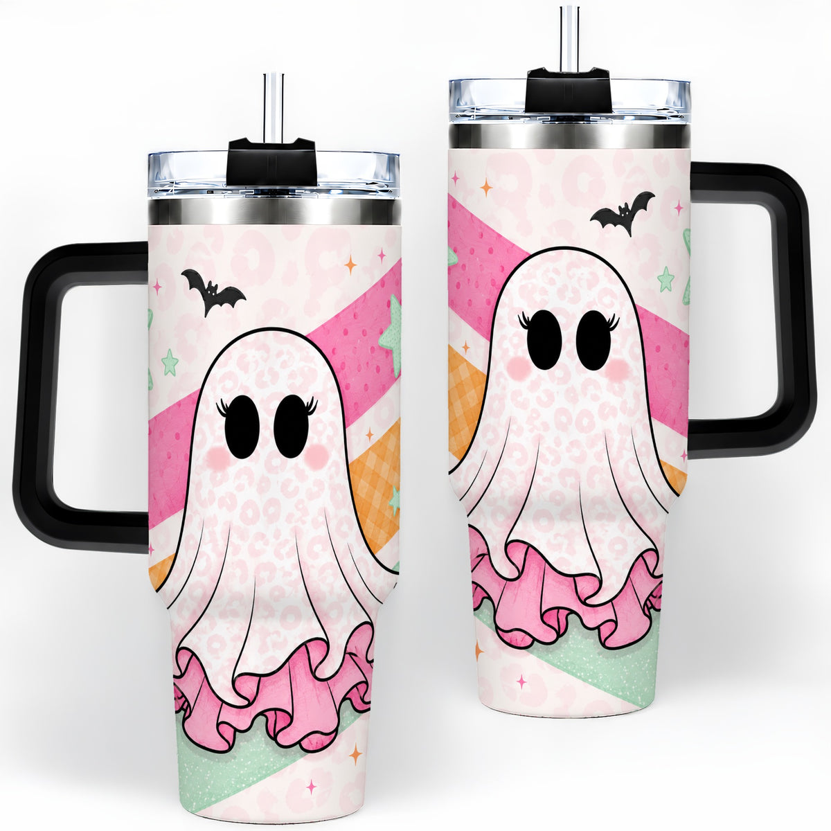 #pl[40oz|Black] Pastel Ghost Tumbler, 40oz Halloween Drinkware with Bats and Stars