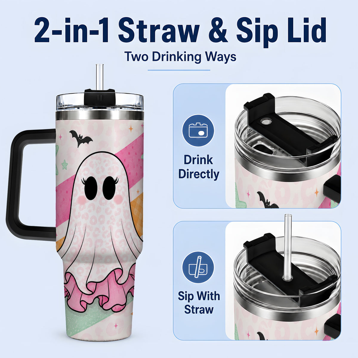 #pl[40oz|Black] Pastel Ghost Tumbler, 40oz Halloween Drinkware with Bats and Stars