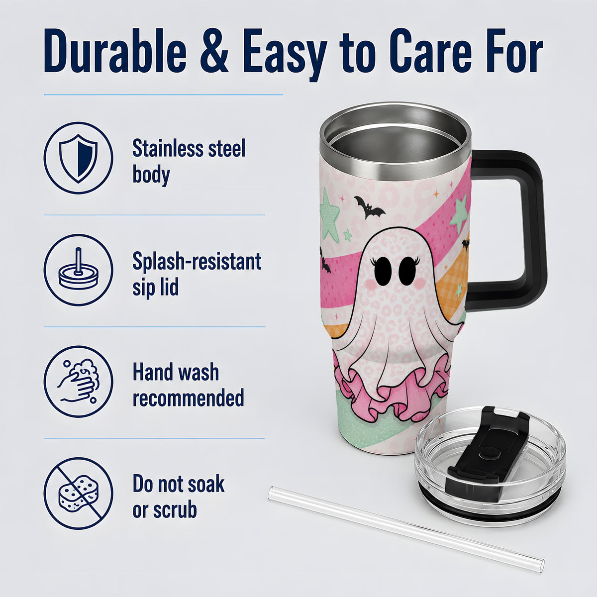 #pl[40oz|Black] Pastel Ghost Tumbler, 40oz Halloween Drinkware with Bats and Stars