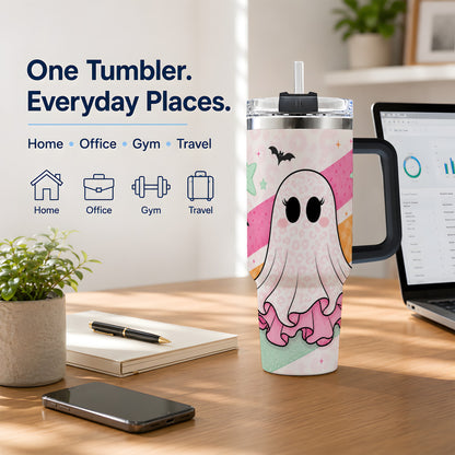 #pl[40oz|Black] Pastel Ghost Tumbler, 40oz Halloween Drinkware with Bats and Stars