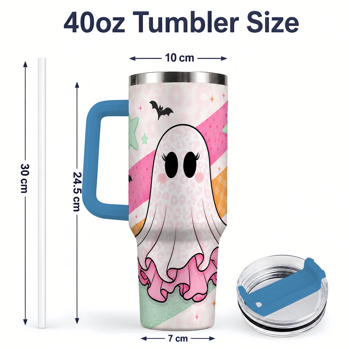 #pl[40oz|Blue] Pastel Ghost Tumbler, 40oz Halloween Drinkware with Bats and Stars