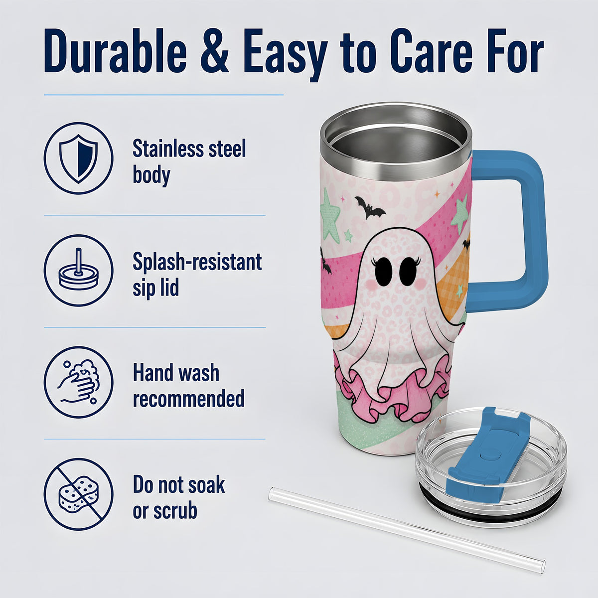 #pl[40oz|Blue] Pastel Ghost Tumbler, 40oz Halloween Drinkware with Bats and Stars