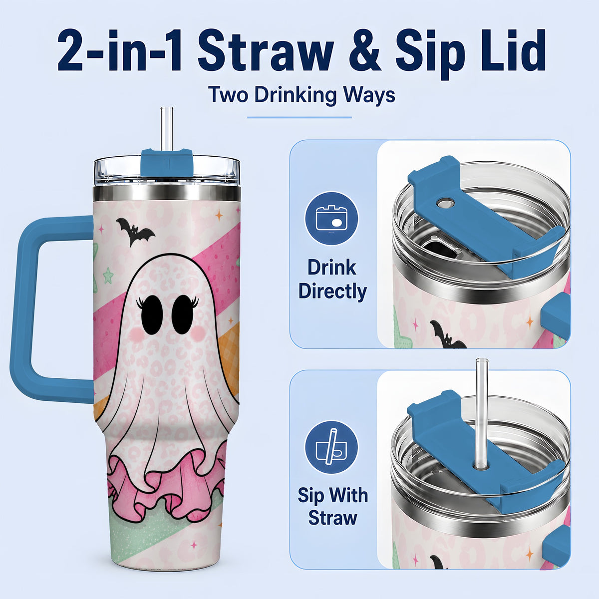 #pl[40oz|Blue] Pastel Ghost Tumbler, 40oz Halloween Drinkware with Bats and Stars