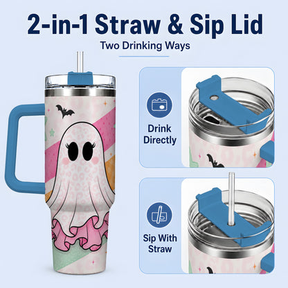 #pl[40oz|Blue] Pastel Ghost Tumbler, 40oz Halloween Drinkware with Bats and Stars