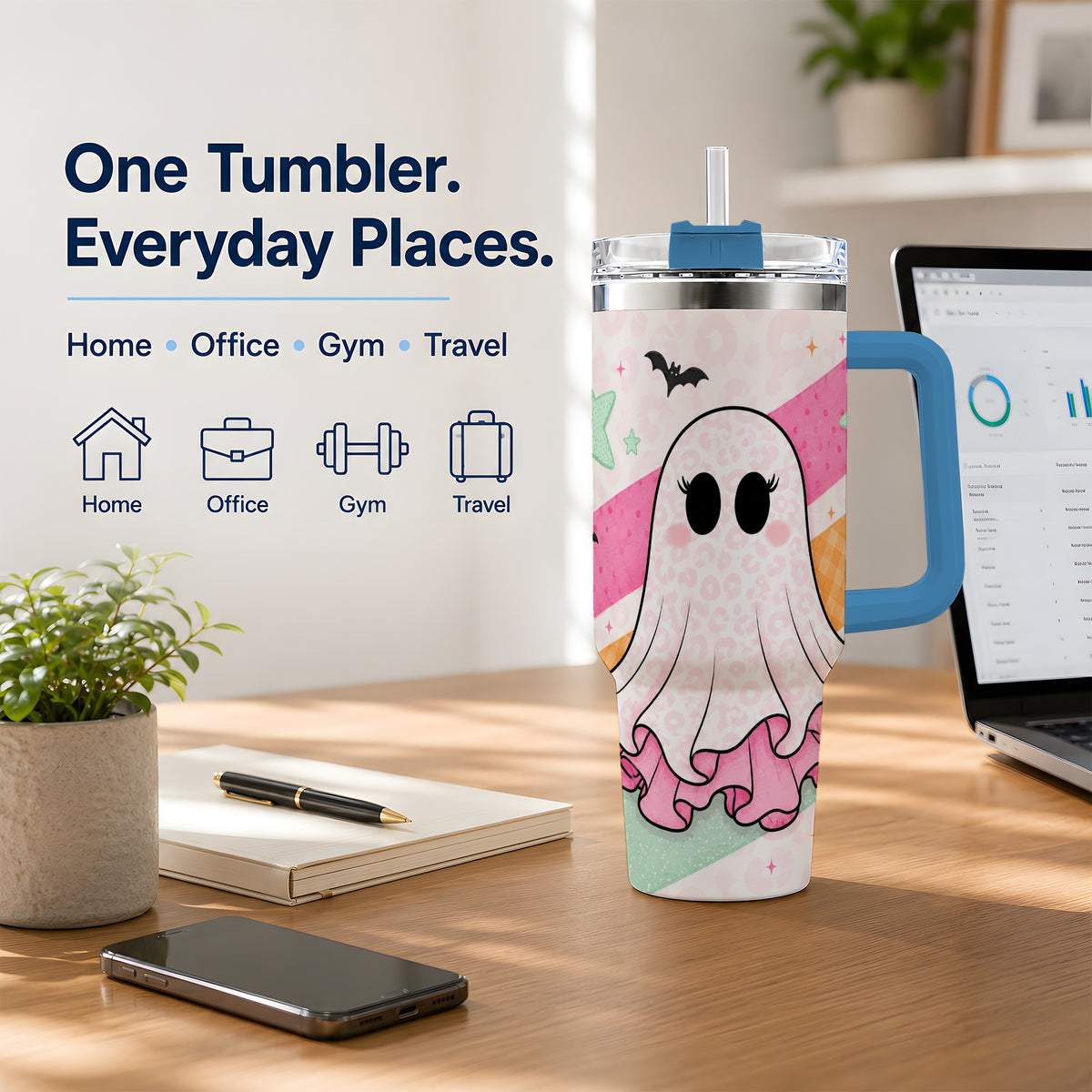 #pl[40oz|Blue] Pastel Ghost Tumbler, 40oz Halloween Drinkware with Bats and Stars
