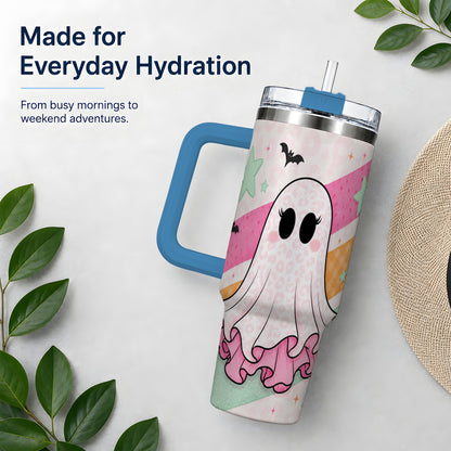 #pl[40oz|Blue] Pastel Ghost Tumbler, 40oz Halloween Drinkware with Bats and Stars