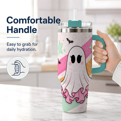 #pl[40oz|Green] Pastel Ghost Tumbler, 40oz Halloween Drinkware with Bats and Stars