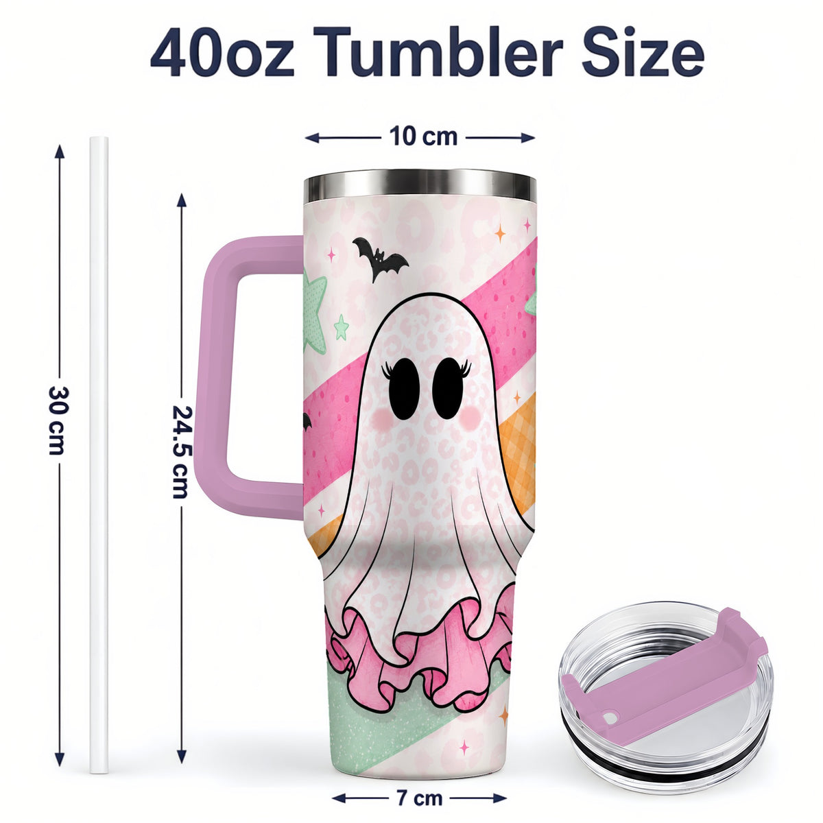 #pl[40oz|Pink] Pastel Ghost Tumbler, 40oz Halloween Drinkware with Bats and Stars