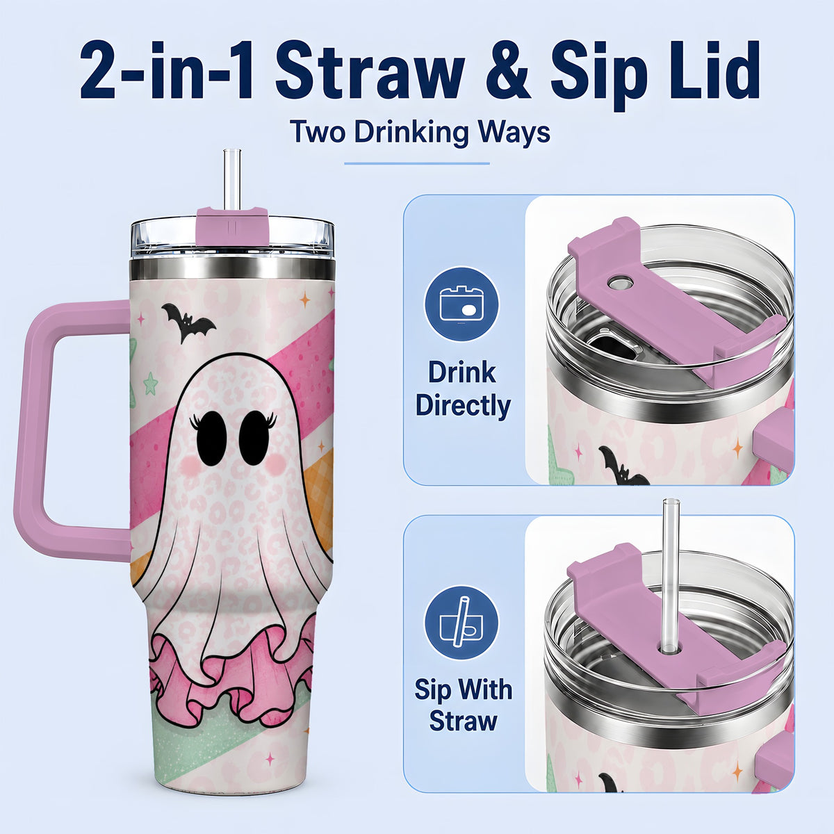 #pl[40oz|Pink] Pastel Ghost Tumbler, 40oz Halloween Drinkware with Bats and Stars