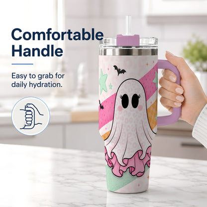 #pl[40oz|Pink] Pastel Ghost Tumbler, 40oz Halloween Drinkware with Bats and Stars
