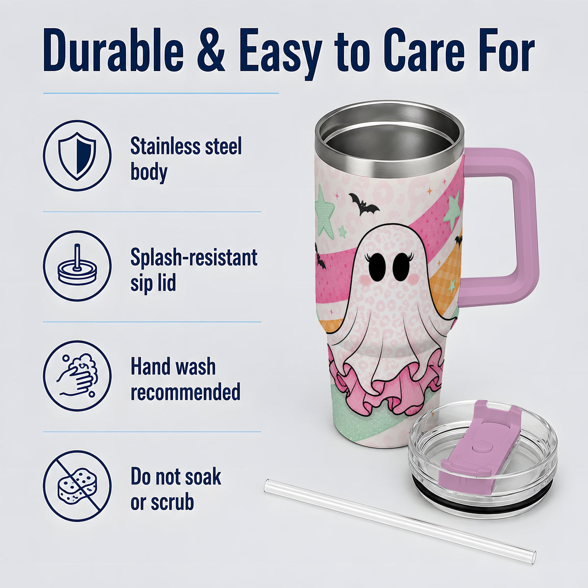 #pl[40oz|Pink] Pastel Ghost Tumbler, 40oz Halloween Drinkware with Bats and Stars
