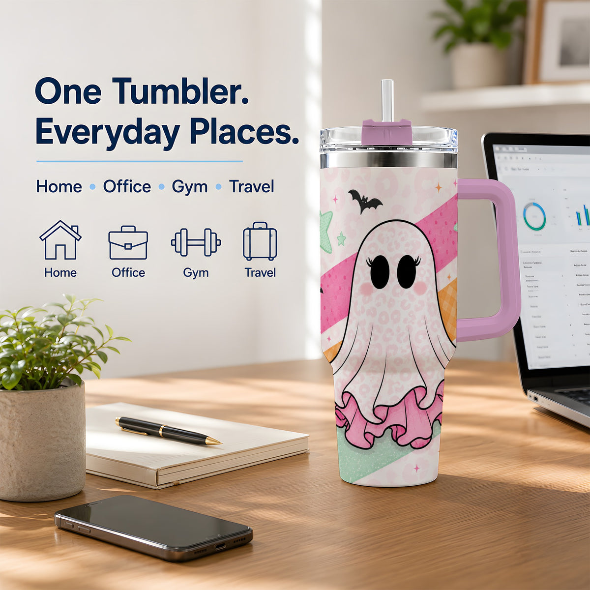 #pl[40oz|Pink] Pastel Ghost Tumbler, 40oz Halloween Drinkware with Bats and Stars