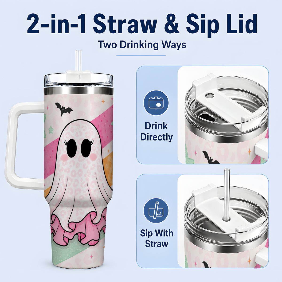 #pl[40oz|White] Pastel Ghost Tumbler, 40oz Halloween Drinkware with Bats and Stars