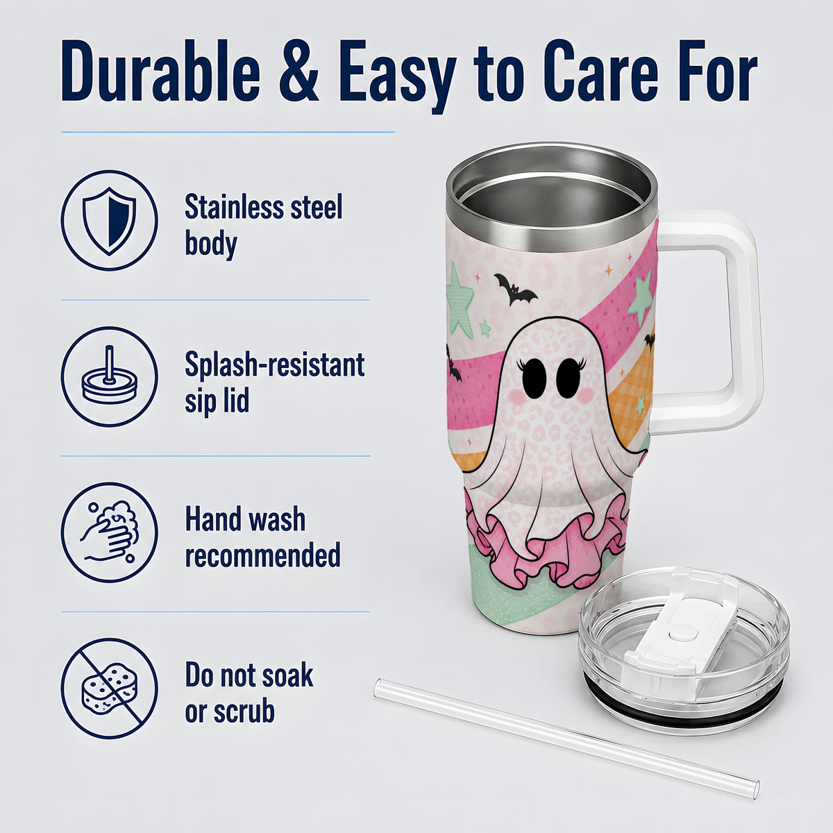 #pl[40oz|White] Pastel Ghost Tumbler, 40oz Halloween Drinkware with Bats and Stars