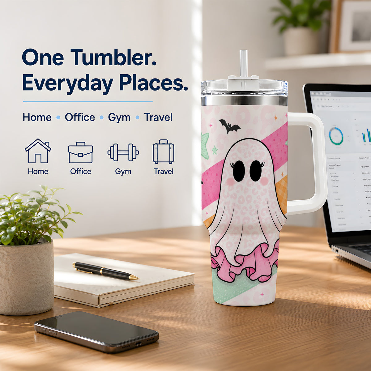 #pl[40oz|White] Pastel Ghost Tumbler, 40oz Halloween Drinkware with Bats and Stars