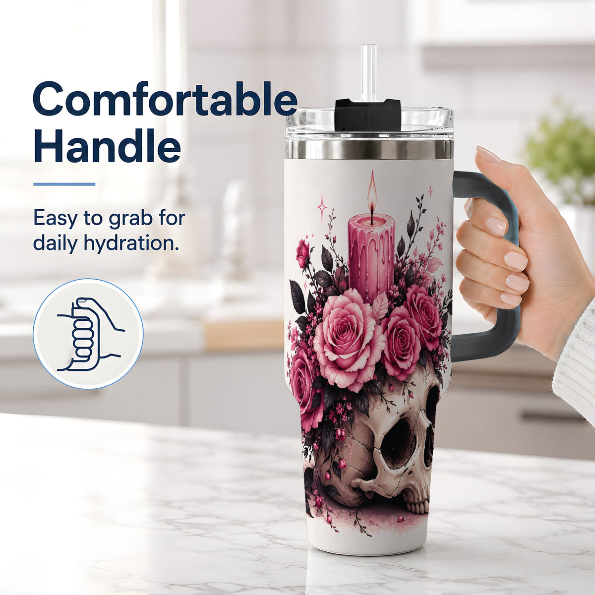 #pl[40oz|Black] Floral Skull Halloween 40oz Tumbler, Stainless Steel Drinkware with Roses