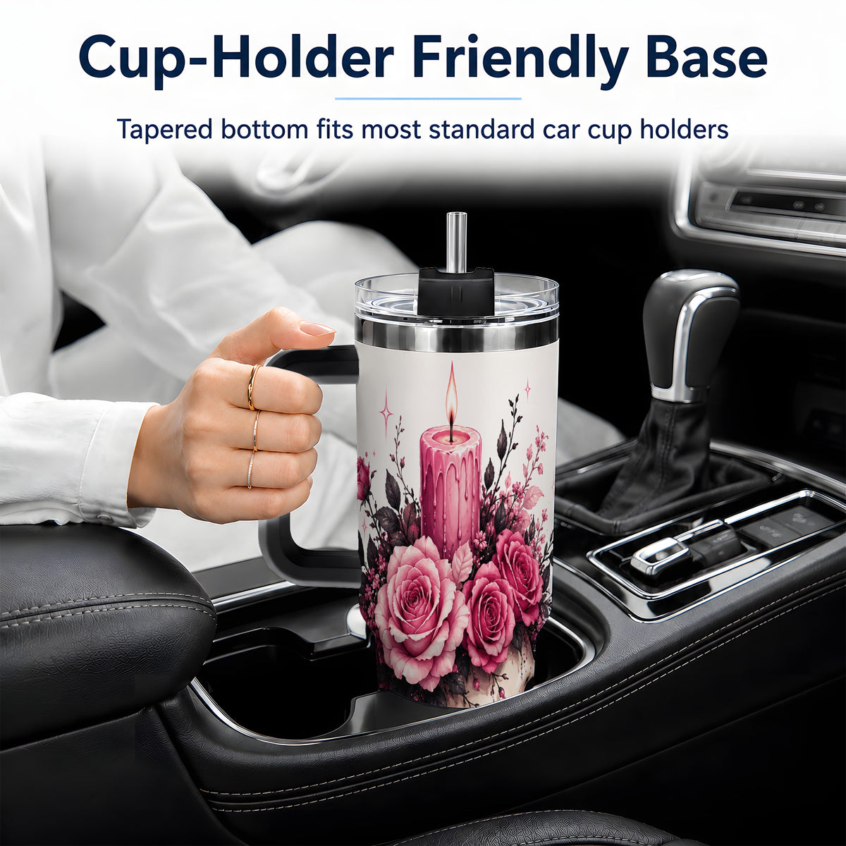 #pl[40oz|Black] Floral Skull Halloween 40oz Tumbler, Stainless Steel Drinkware with Roses