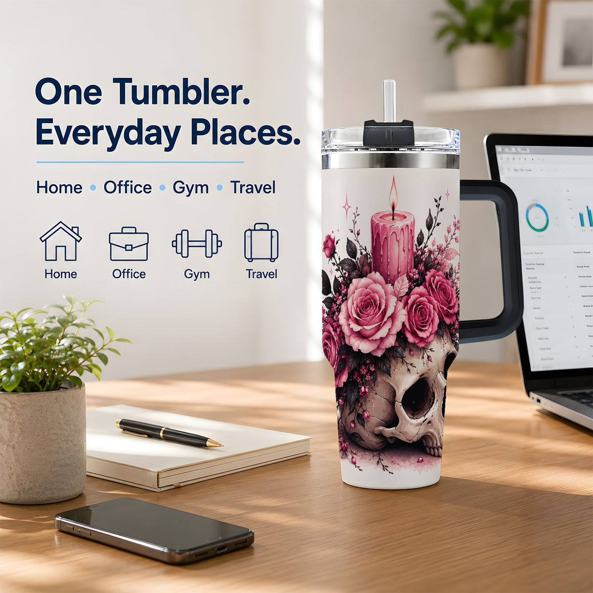 #pl[40oz|Black] Floral Skull Halloween 40oz Tumbler, Stainless Steel Drinkware with Roses