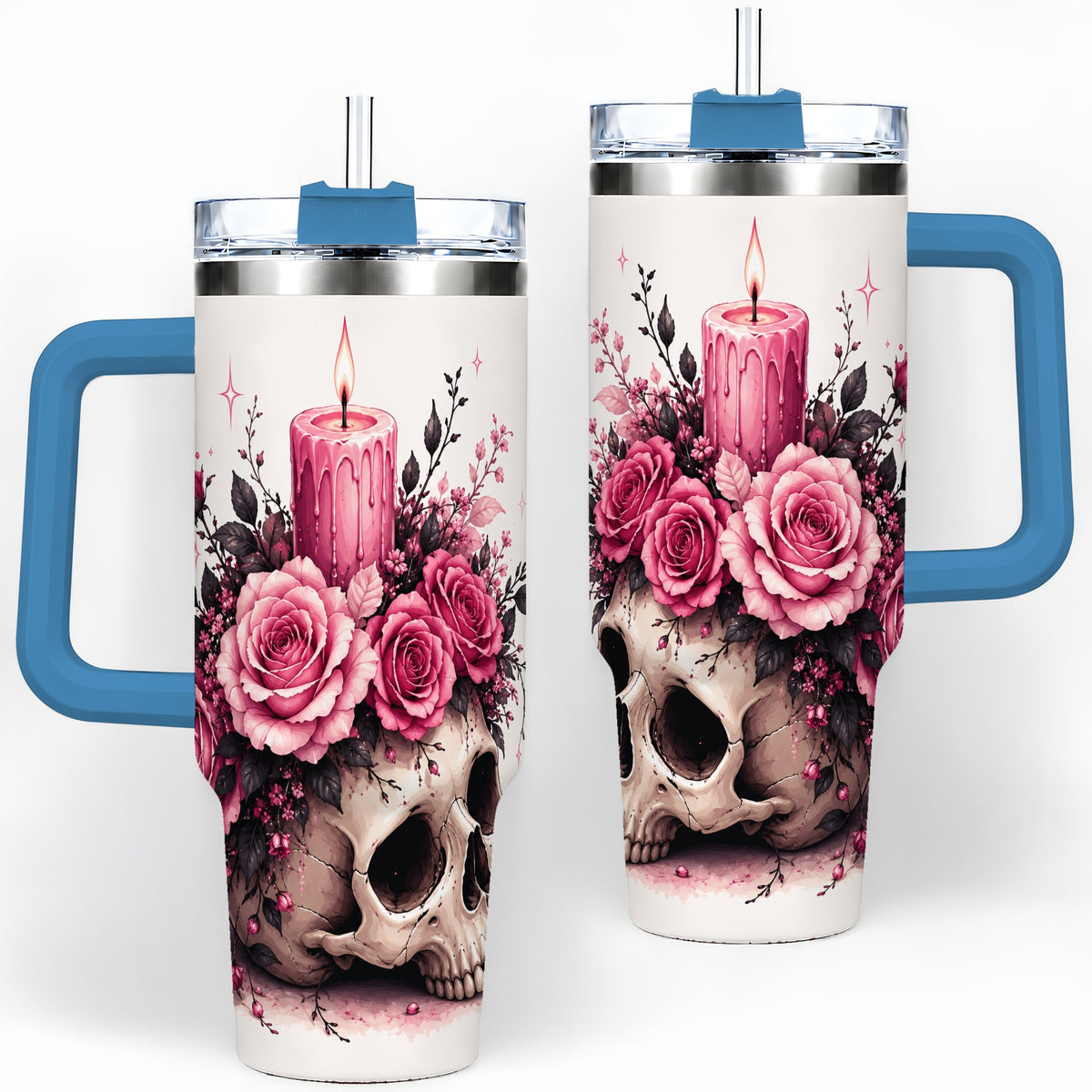 #pl[40oz|Blue] Floral Skull Halloween 40oz Tumbler, Stainless Steel Drinkware with Roses