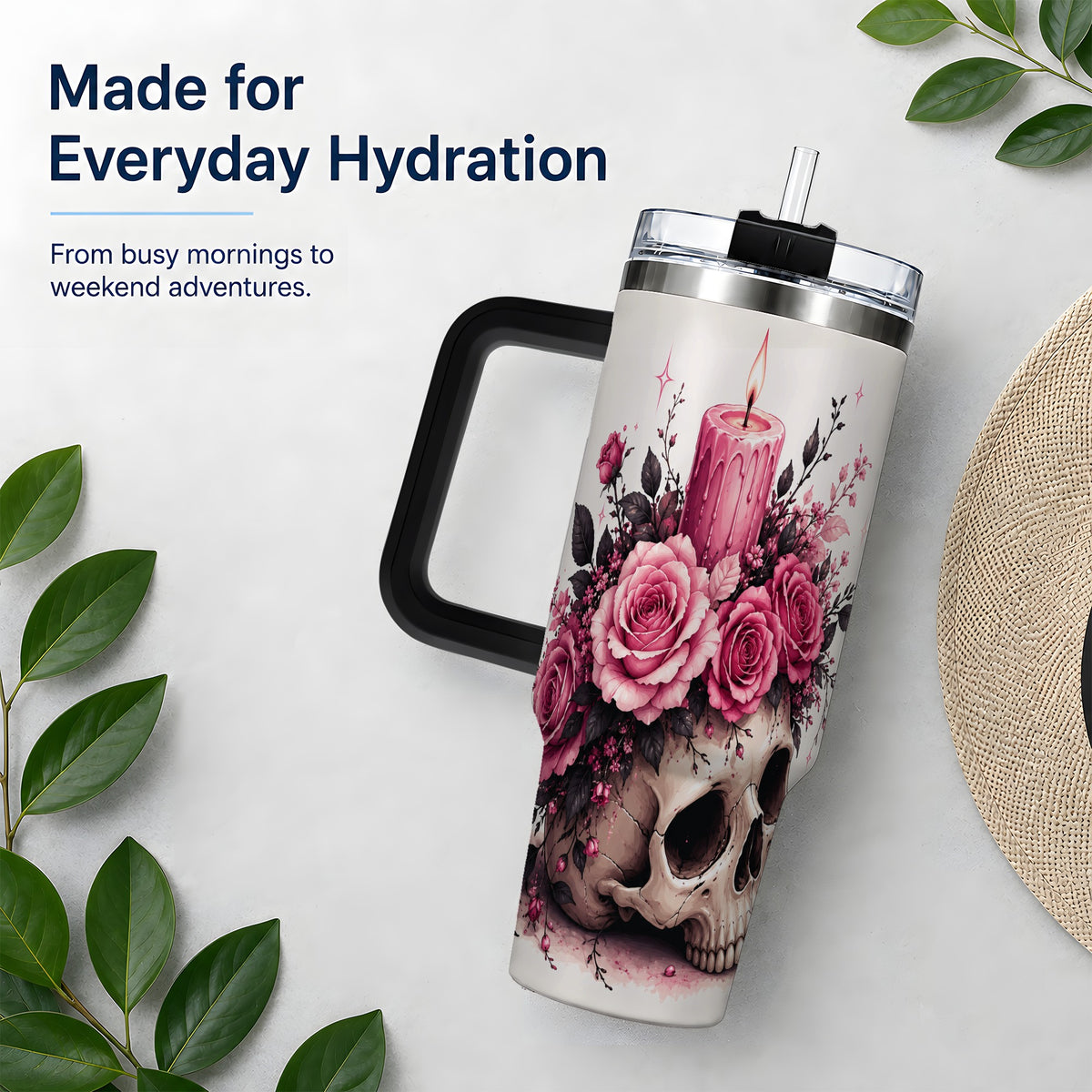 #pl[40oz|Black] Floral Skull Halloween 40oz Tumbler, Stainless Steel Drinkware with Roses