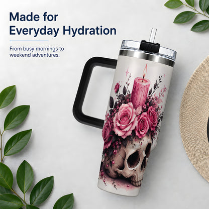 #pl[40oz|Black] Floral Skull Halloween 40oz Tumbler, Stainless Steel Drinkware with Roses
