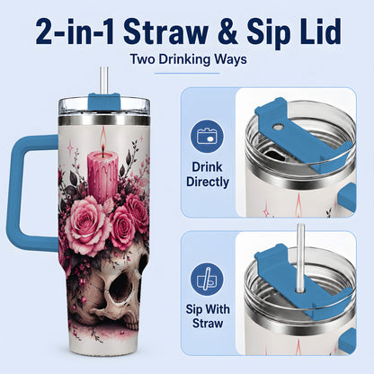 #pl[40oz|Blue] Floral Skull Halloween 40oz Tumbler, Stainless Steel Drinkware with Roses