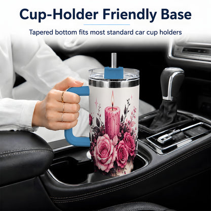 #pl[40oz|Blue] Floral Skull Halloween 40oz Tumbler, Stainless Steel Drinkware with Roses