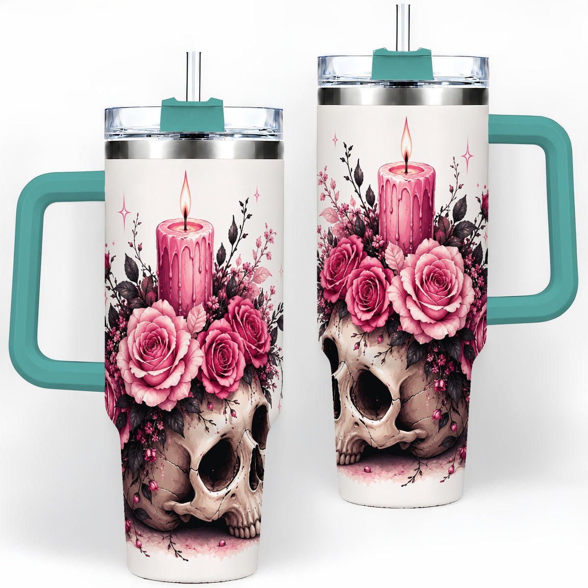 #pl[40oz|Green] Floral Skull Halloween 40oz Tumbler, Stainless Steel Drinkware with Roses