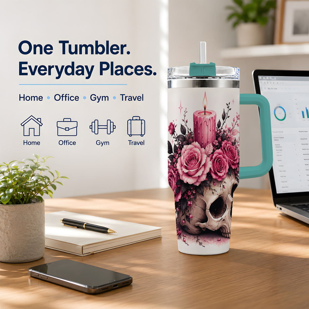 #pl[40oz|Green] Floral Skull Halloween 40oz Tumbler, Stainless Steel Drinkware with Roses