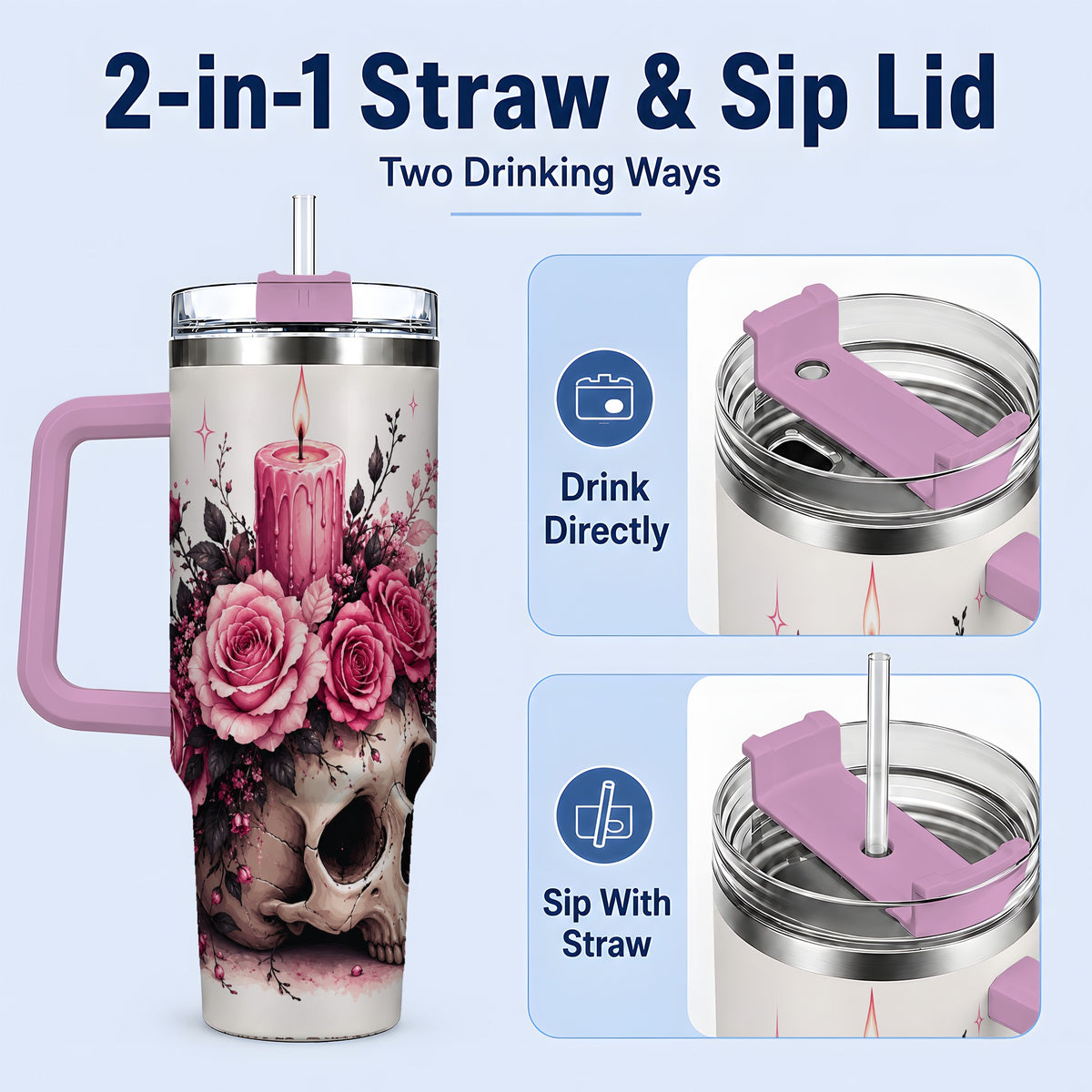 #pl[40oz|Pink] Floral Skull Halloween 40oz Tumbler, Stainless Steel Drinkware with Roses