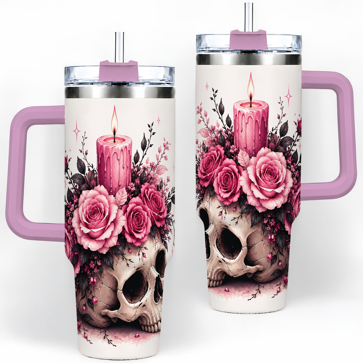 #pl[40oz|Pink] Floral Skull Halloween 40oz Tumbler, Stainless Steel Drinkware with Roses
