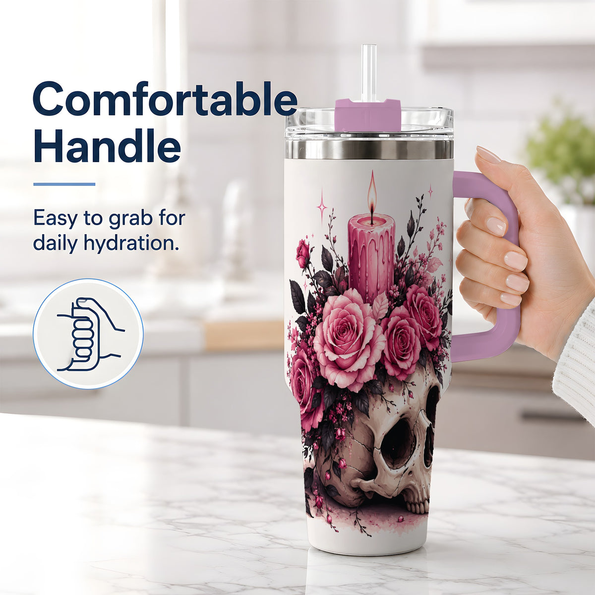 #pl[40oz|Pink] Floral Skull Halloween 40oz Tumbler, Stainless Steel Drinkware with Roses