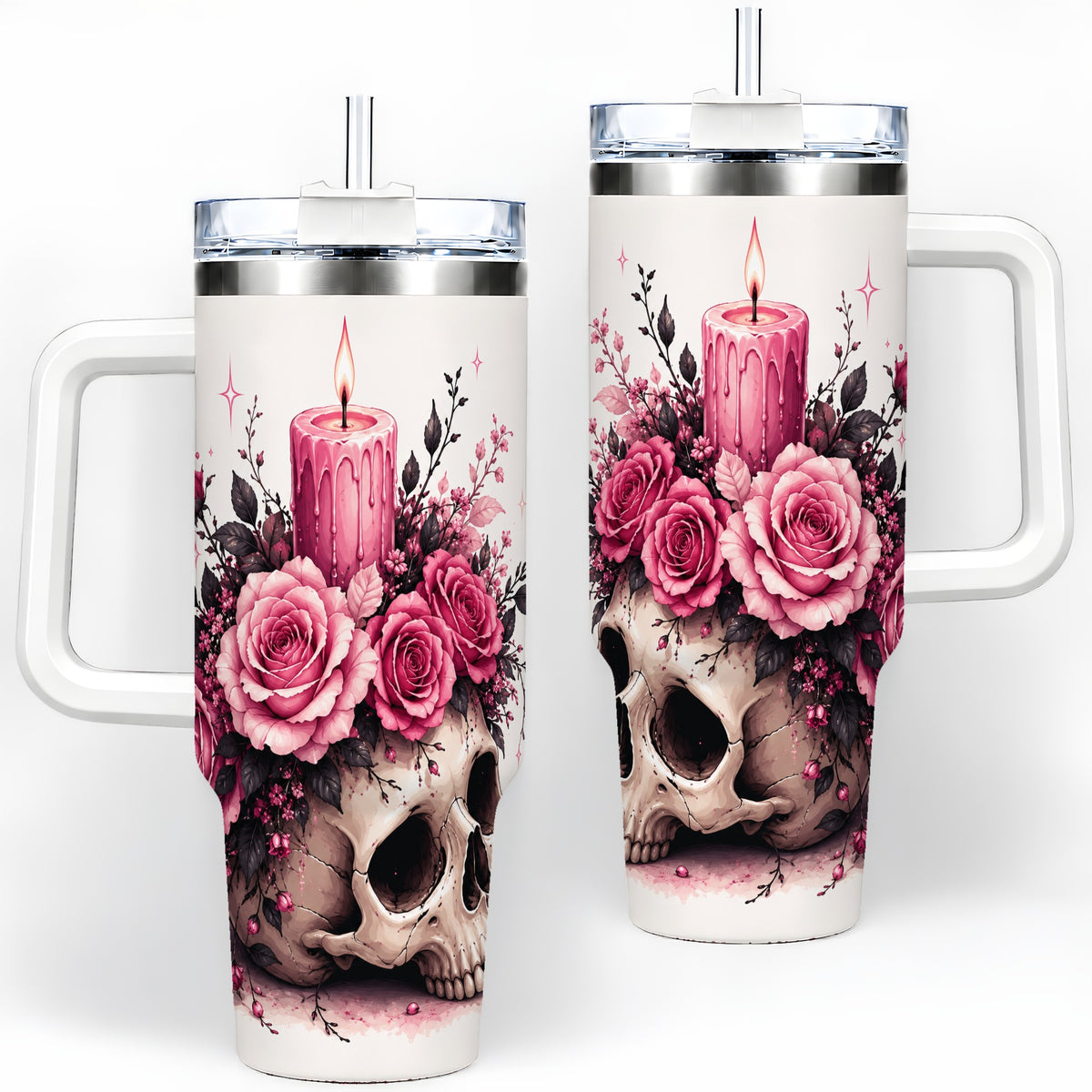 Floral Skull Halloween 40oz Tumbler, Stainless Steel Drinkware with Roses