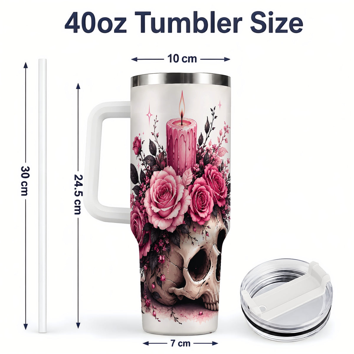 #pl[40oz|White] Floral Skull Halloween 40oz Tumbler, Stainless Steel Drinkware with Roses