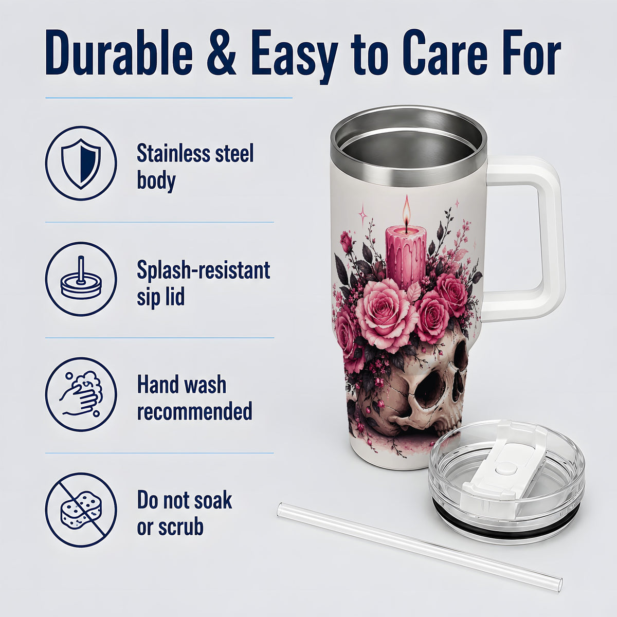 #pl[40oz|White] Floral Skull Halloween 40oz Tumbler, Stainless Steel Drinkware with Roses